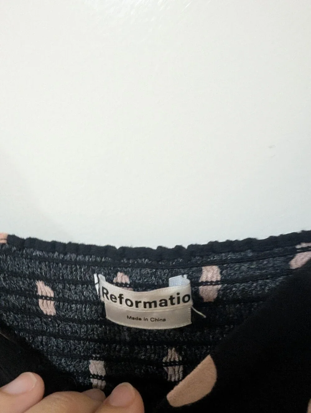 Reformation Black And Pink Polka Dot Smocked Top
